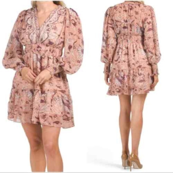 New! O.P.T. Boho Floral Metallic Long Sleeve Mini Dress - Picture 2 of 10